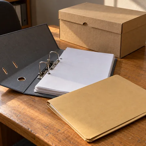 Åpen grå brevordner med blanke papirer, dokumentmappe og arkivboks på et slitt trebord